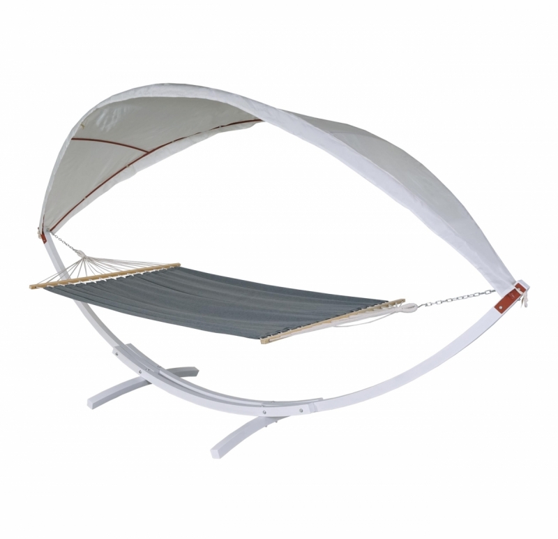 Houpací síť HWC-J47 se stříškou pro 2 osoby, dřevo, 420cm - bílá, šedá